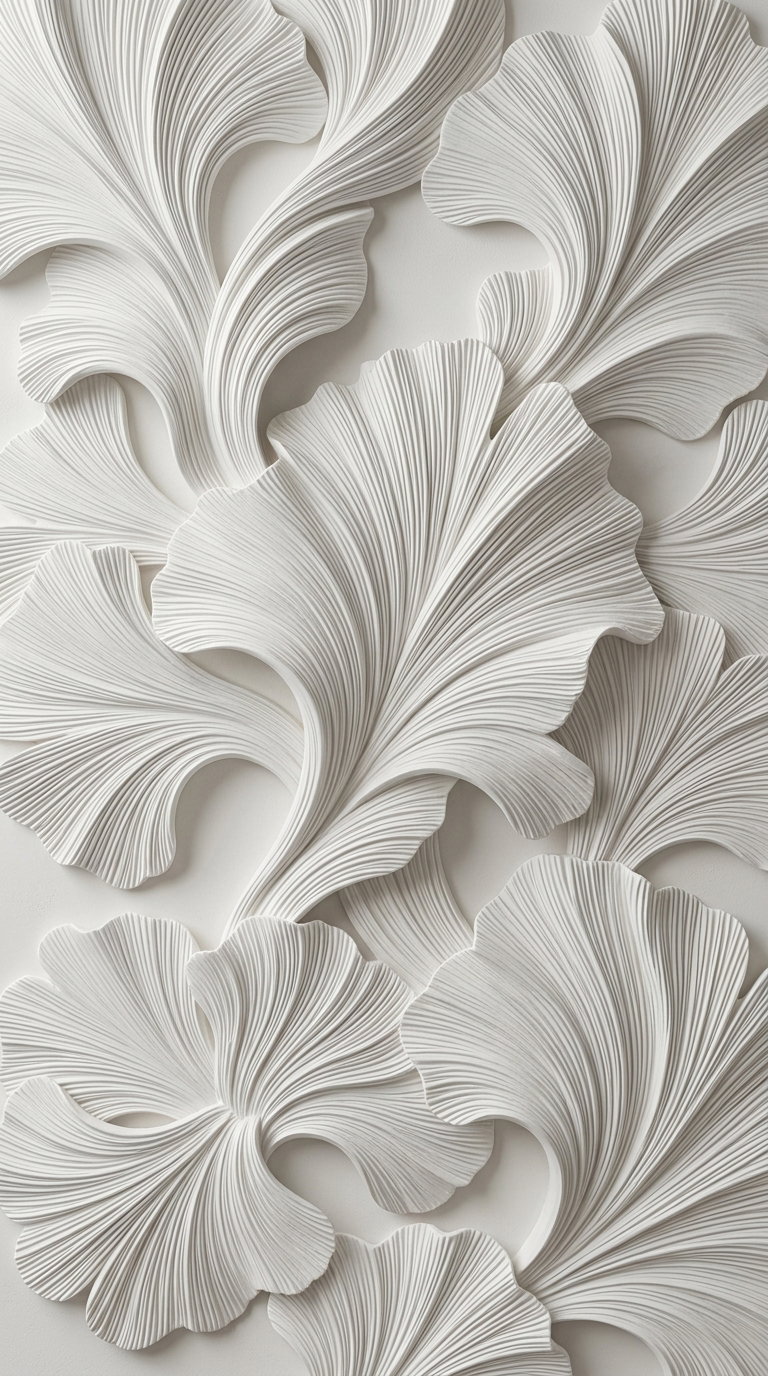 Close-up of a textured white relief sculpture showing several large, detailed ginkgo leaf shapes overlapping each other on a light background