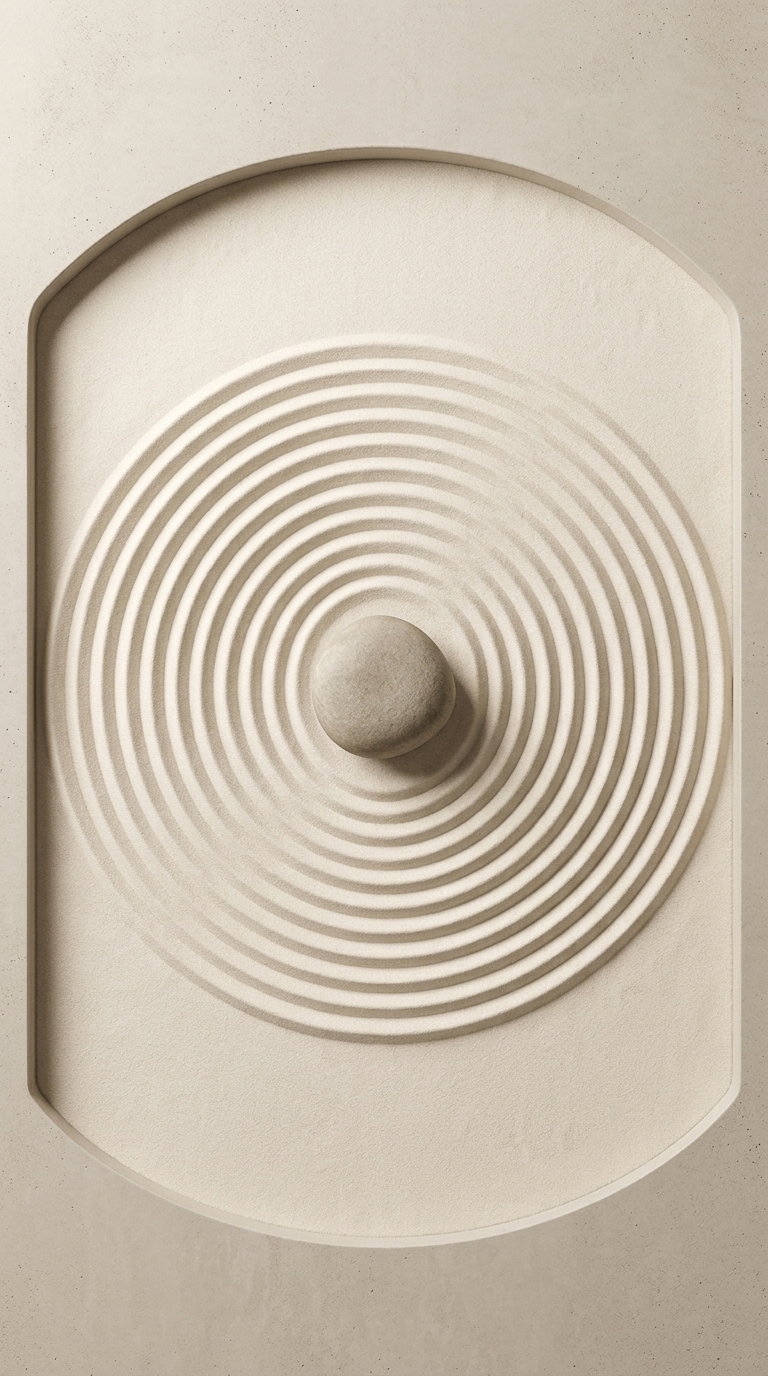 A minimalist art piece featuring a central smooth stone surrounded by concentric circular raked sand patterns within an arched frame on a neutral beige background