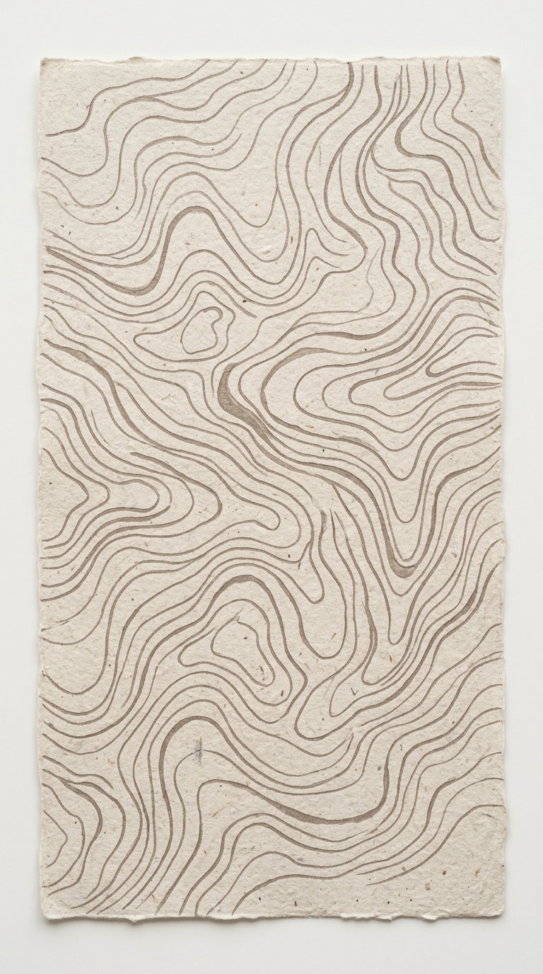 Piece of textured paper with abstract, wavy topographic map style brown lines on a beige background