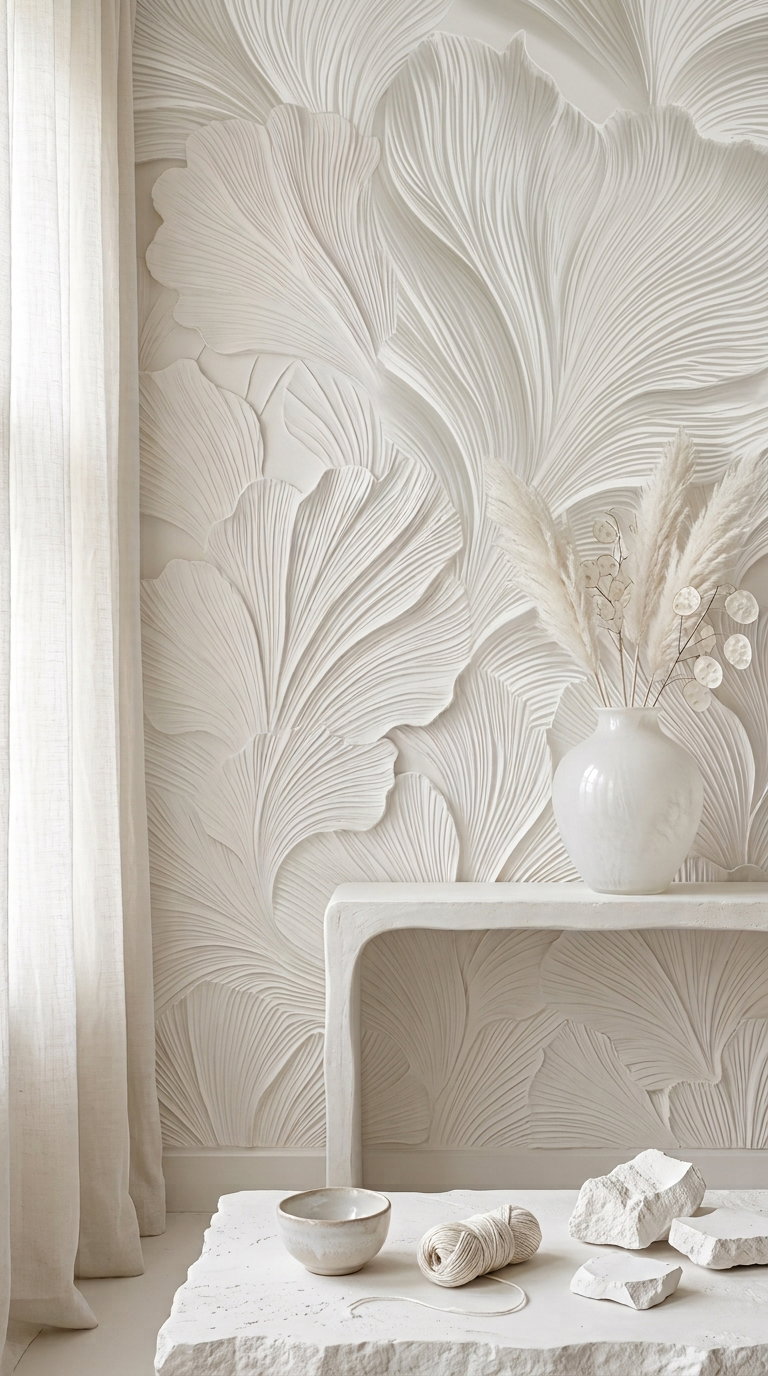 Light neutral room with a textured wall mural of large botanical leaves, a minimalist white console table holding a white vase with dried plants, and a rustic white stone table with natural decor objects
