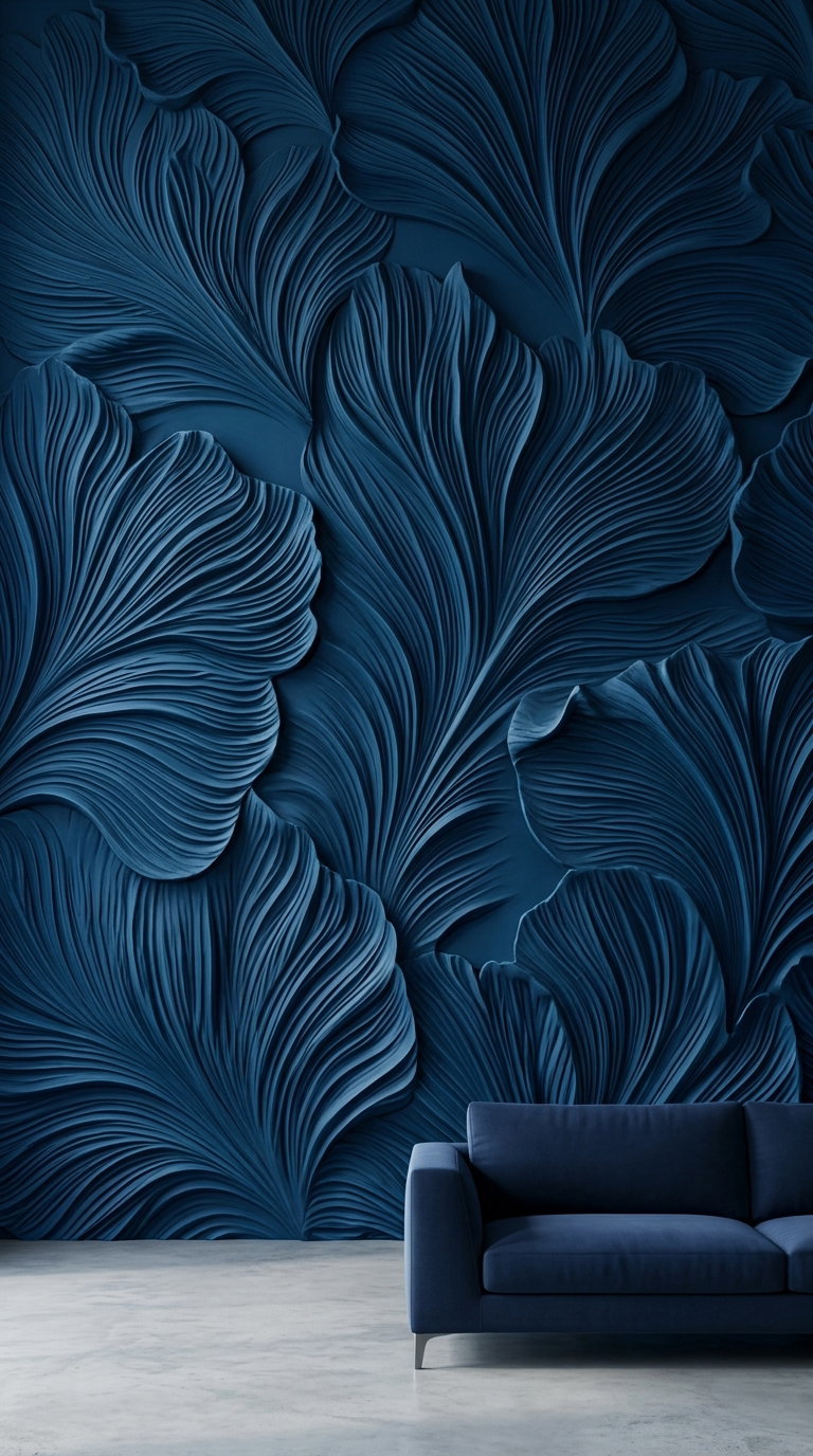 Blue textured wall art featuring large leaf-like patterns behind a dark blue sofa on a gray concrete floor