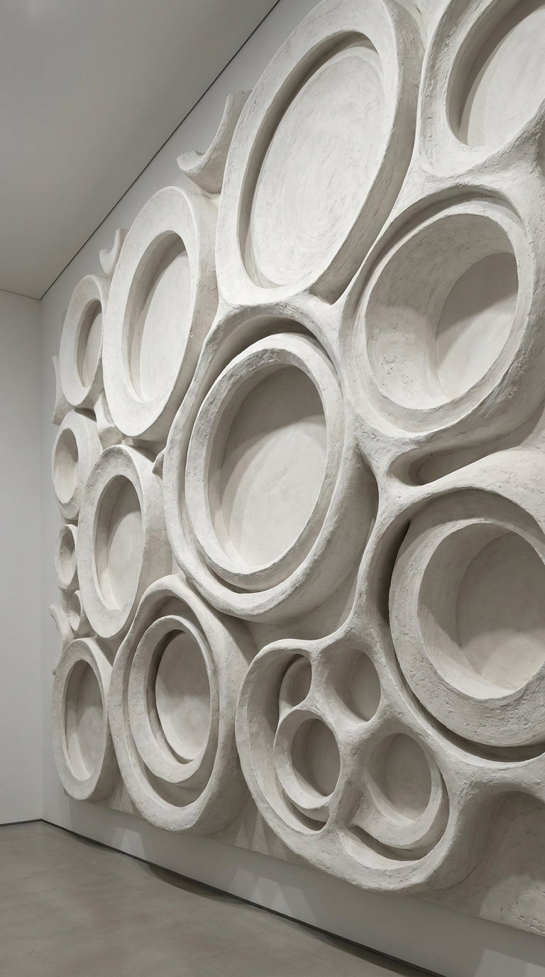 A large white wall sculpture composed of multiple concentric circular and rounded shapes with a textured surface, mounted on a wall in a minimalist gallery space.