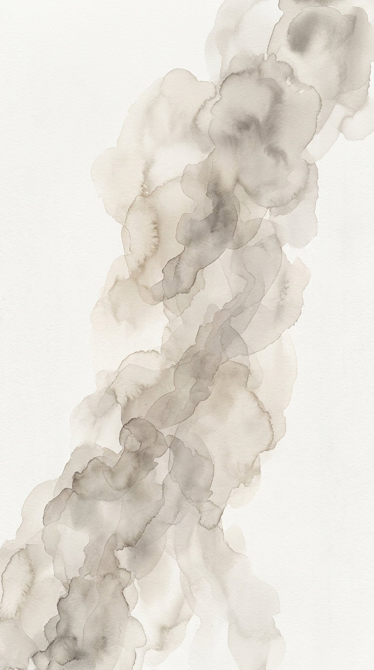 Abstract watercolor painting with soft, flowing shapes in beige and gray tones on white background