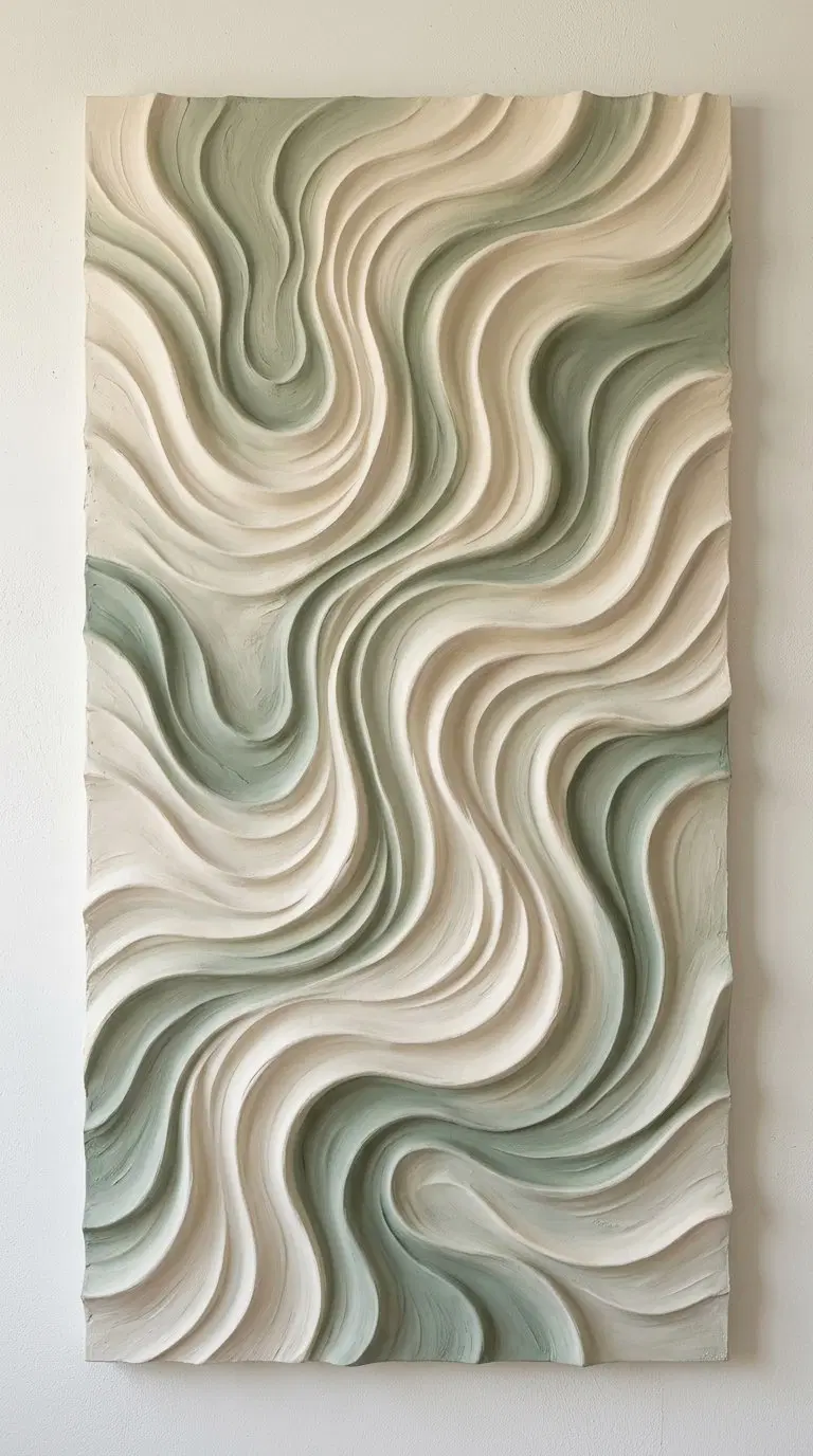 Sculptural wavy wall art piece with muted green and cream tones