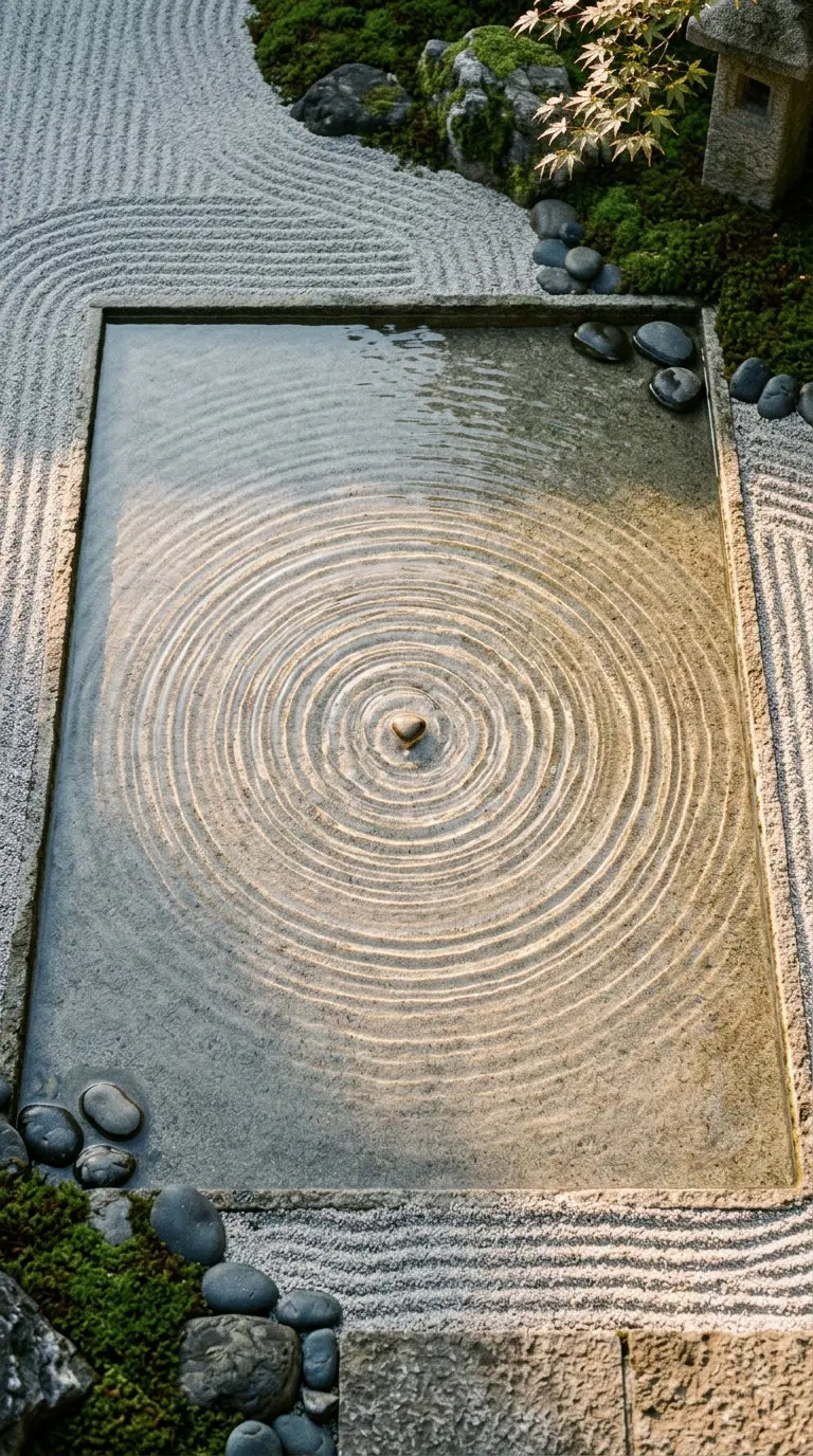 Tranquil Japanese rock garden with circular ripple patterns and Zen elements