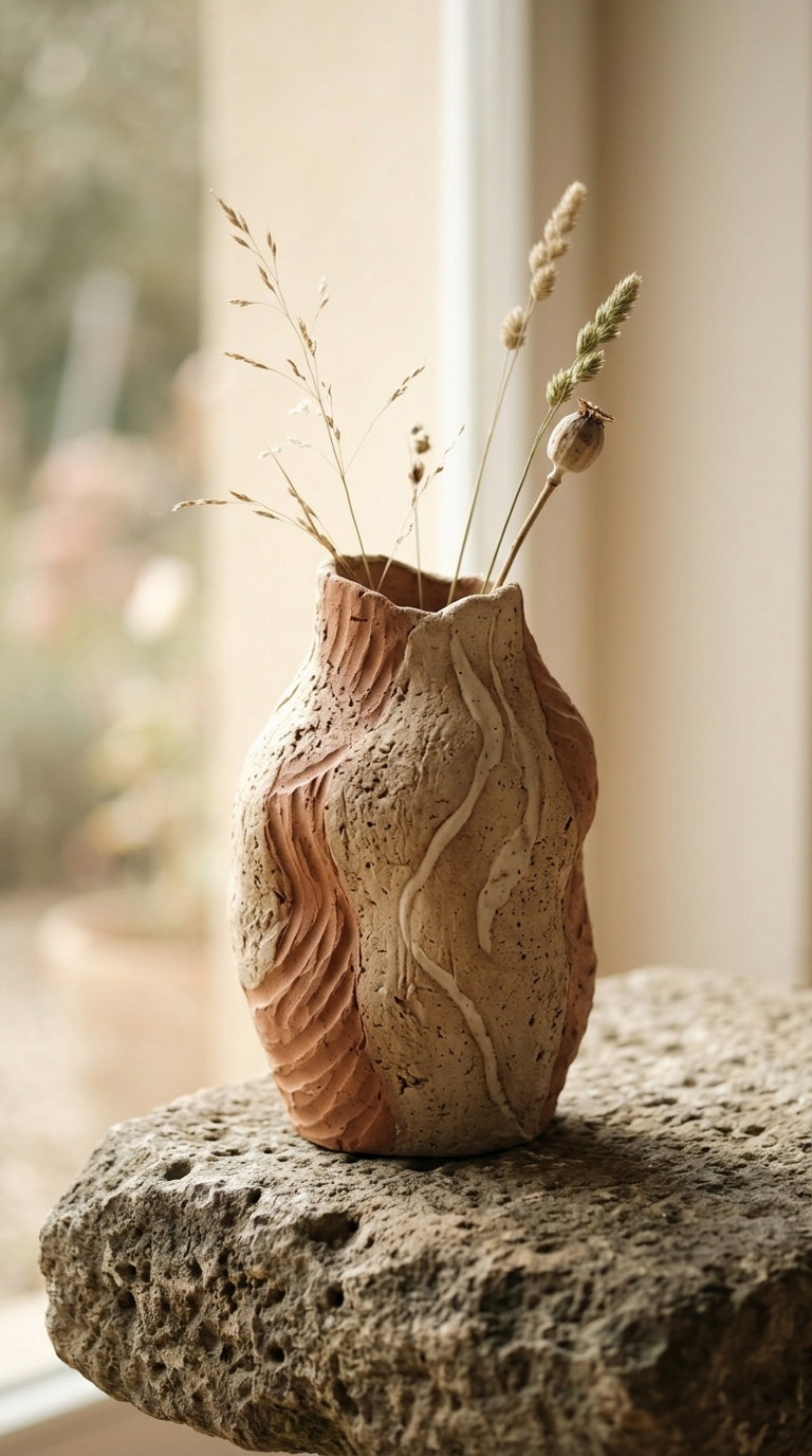 A textured ceramic vase in earthy tones holding dried wildflower stems, placed on a porous stone with a softly blurred window background