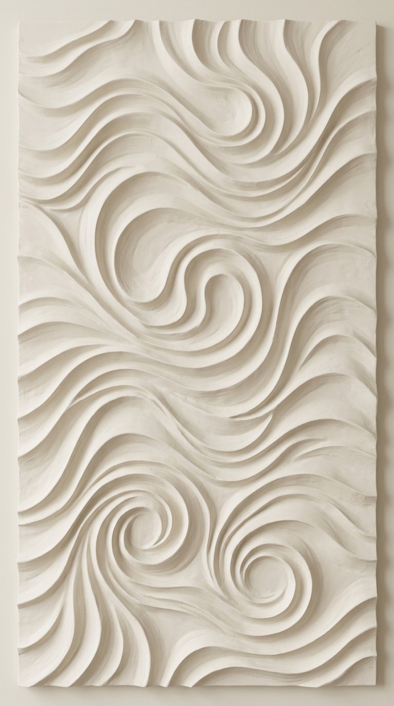 A rectangular wall art featuring raised, swirling wave-like patterns in a soft white neutral tone