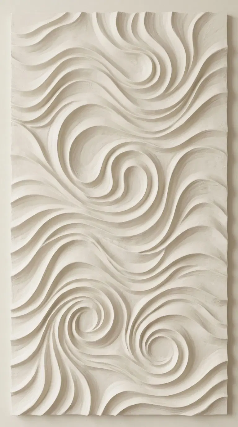Textured neutral wall art panel with swirling wave patterns in soft white
