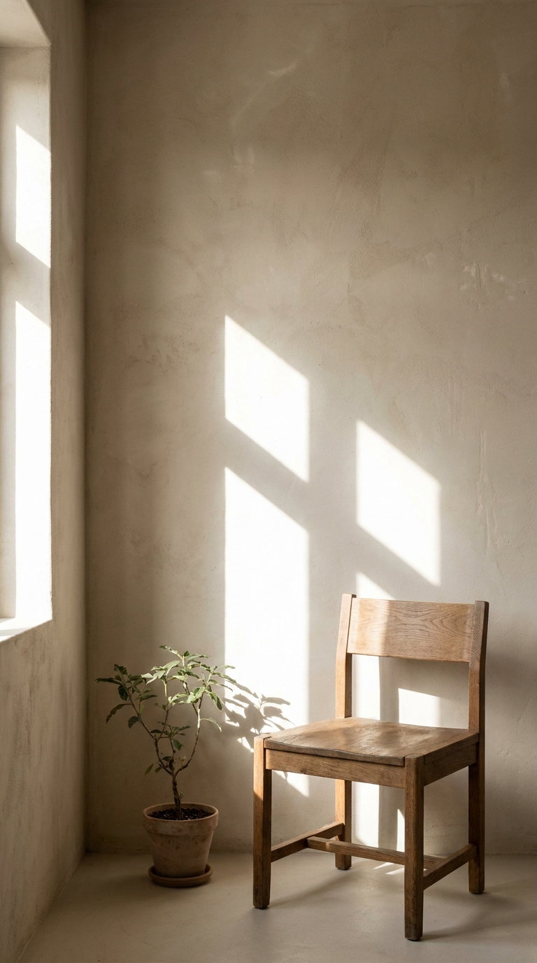 Wooden chair next to small potted plant with sunlight casting window-shaped shadows on beige wall