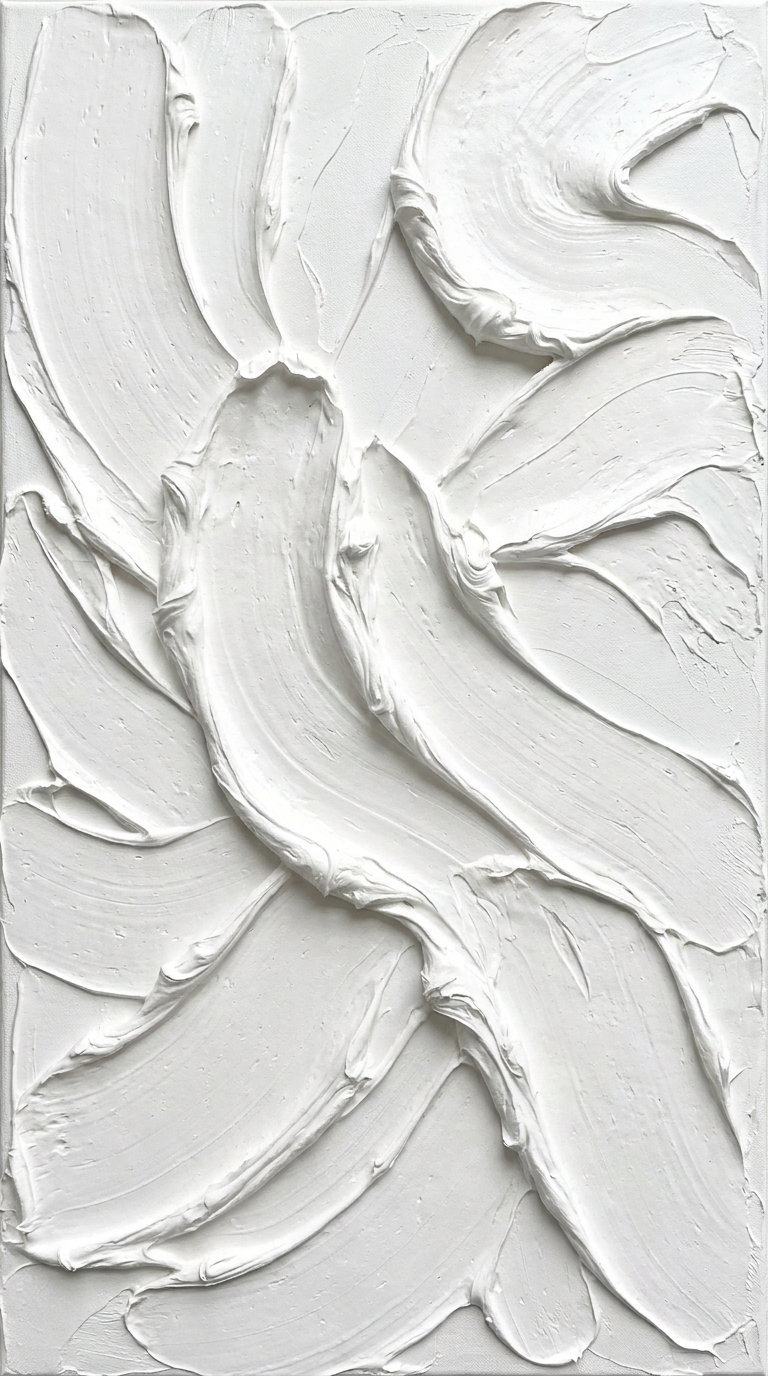 Abstract wall art with thick white paint strokes creating a textured surface