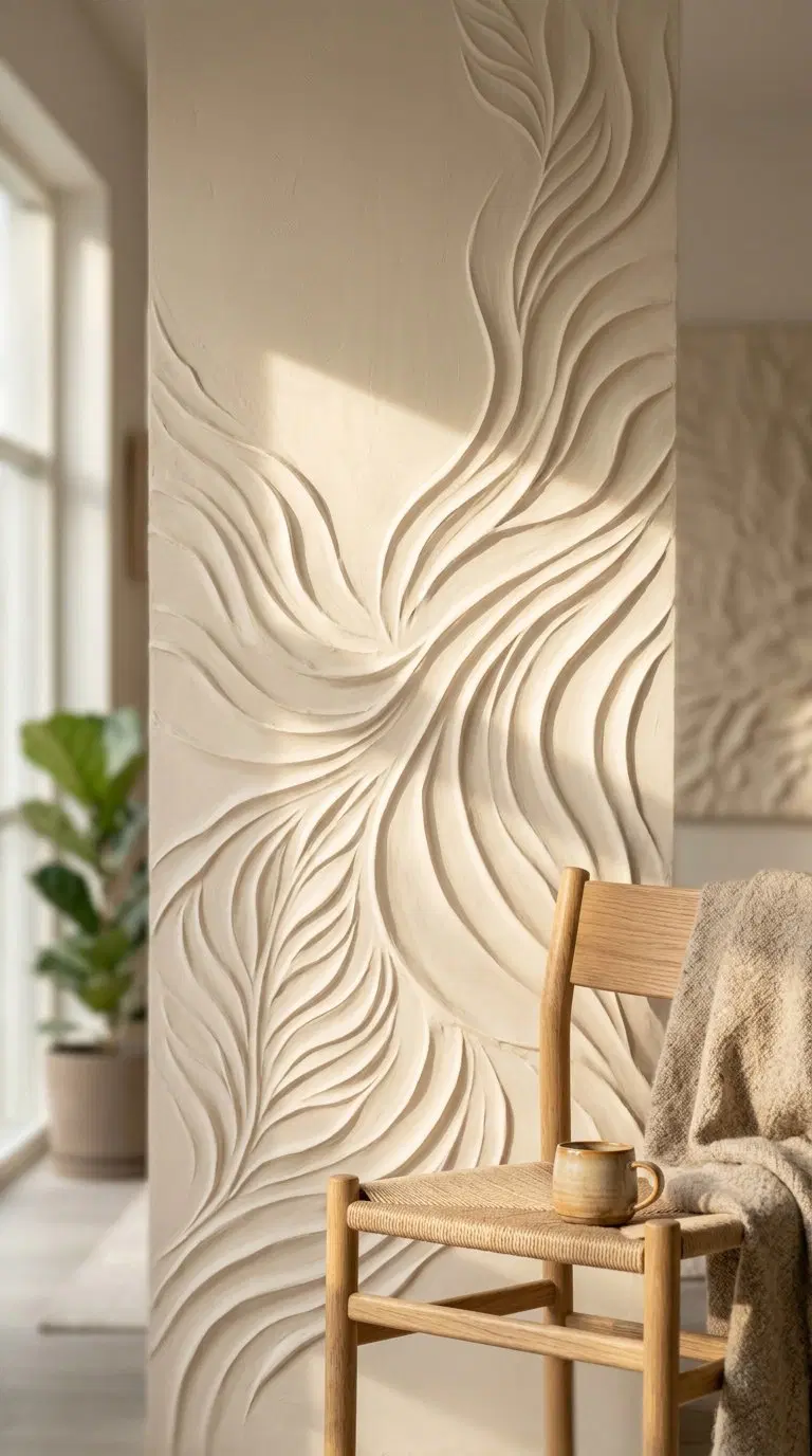 Japandi style textured beige wall with carved flowing patterns and wooden chair