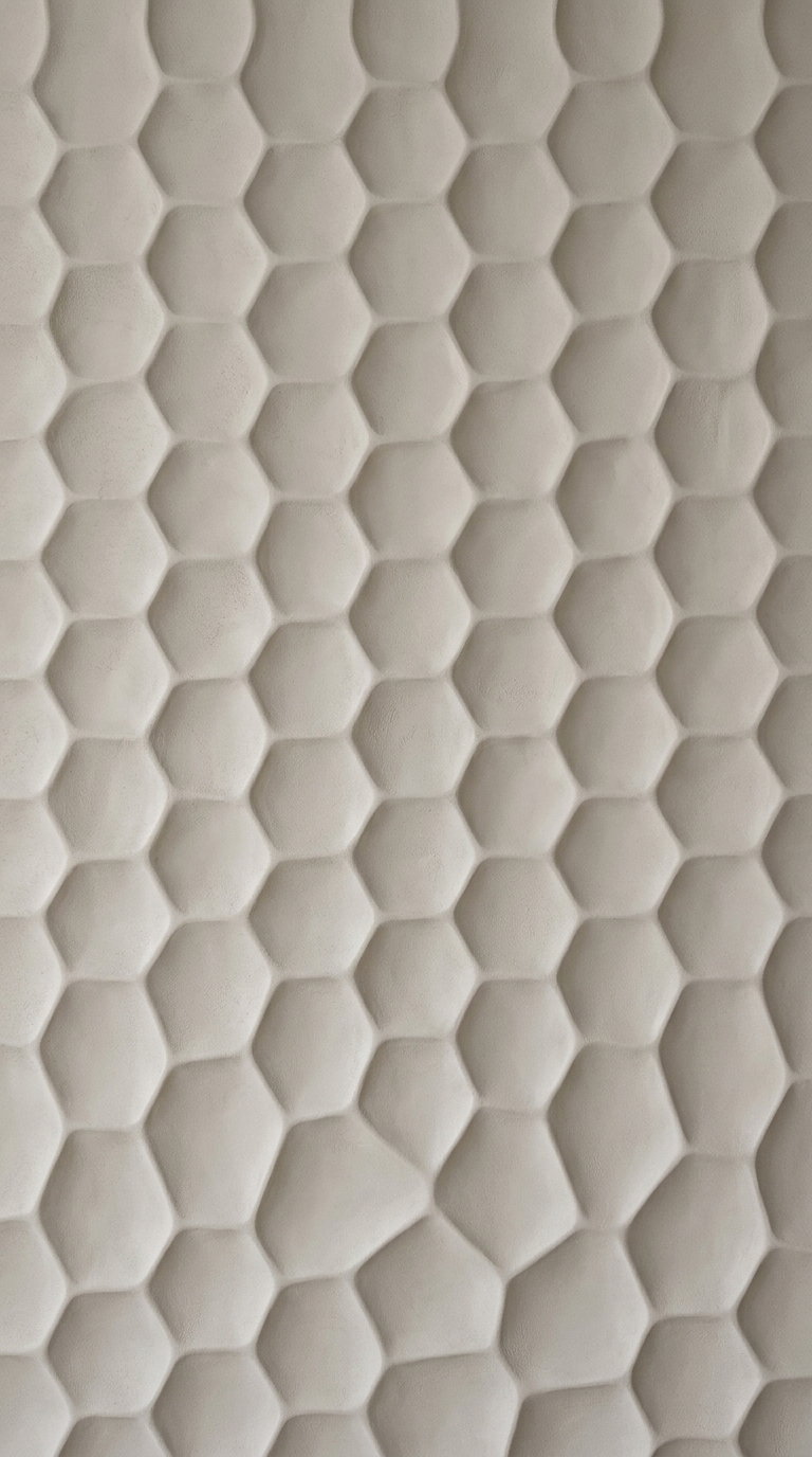 Close-up view of a textured wall with a repetitive honeycomb pattern in light beige color