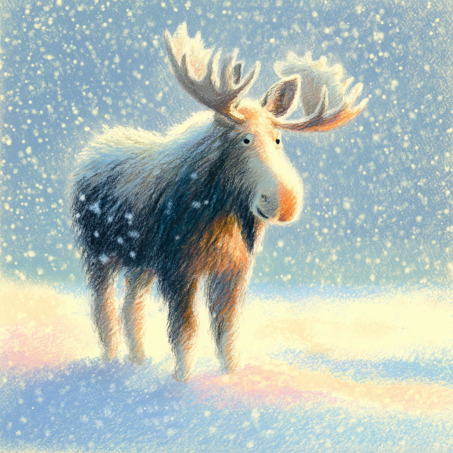 A soft, pastel-style drawing of a moose standing on snow-covered ground with snowflakes falling around it against a blue sky