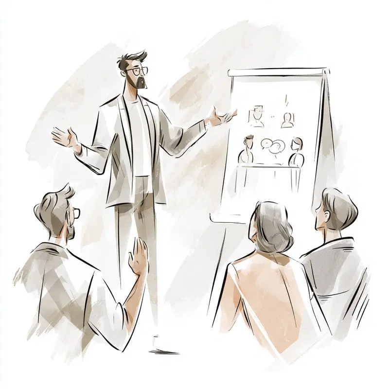Illustration of a man presenting to a group in an office meeting