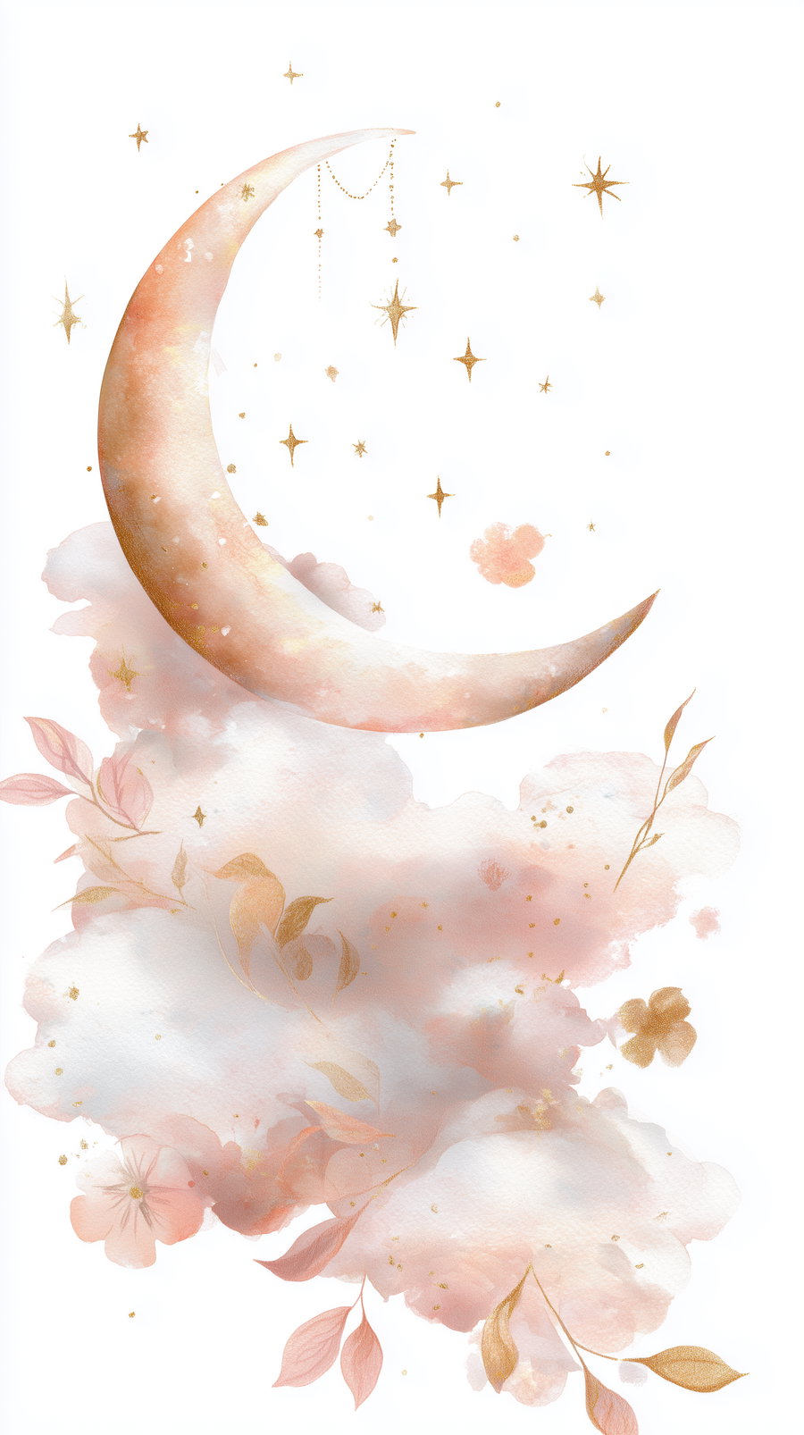 A watercolor illustration of a crescent moon in pastel peach tones, surrounded by soft clouds, delicate leaves, and golden stars on a white background