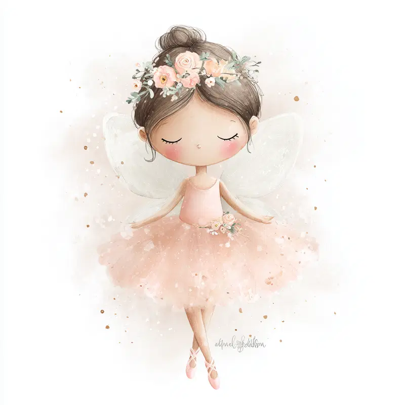 Delicate dreamy wall art of a ballerina fairy in soft peach tones