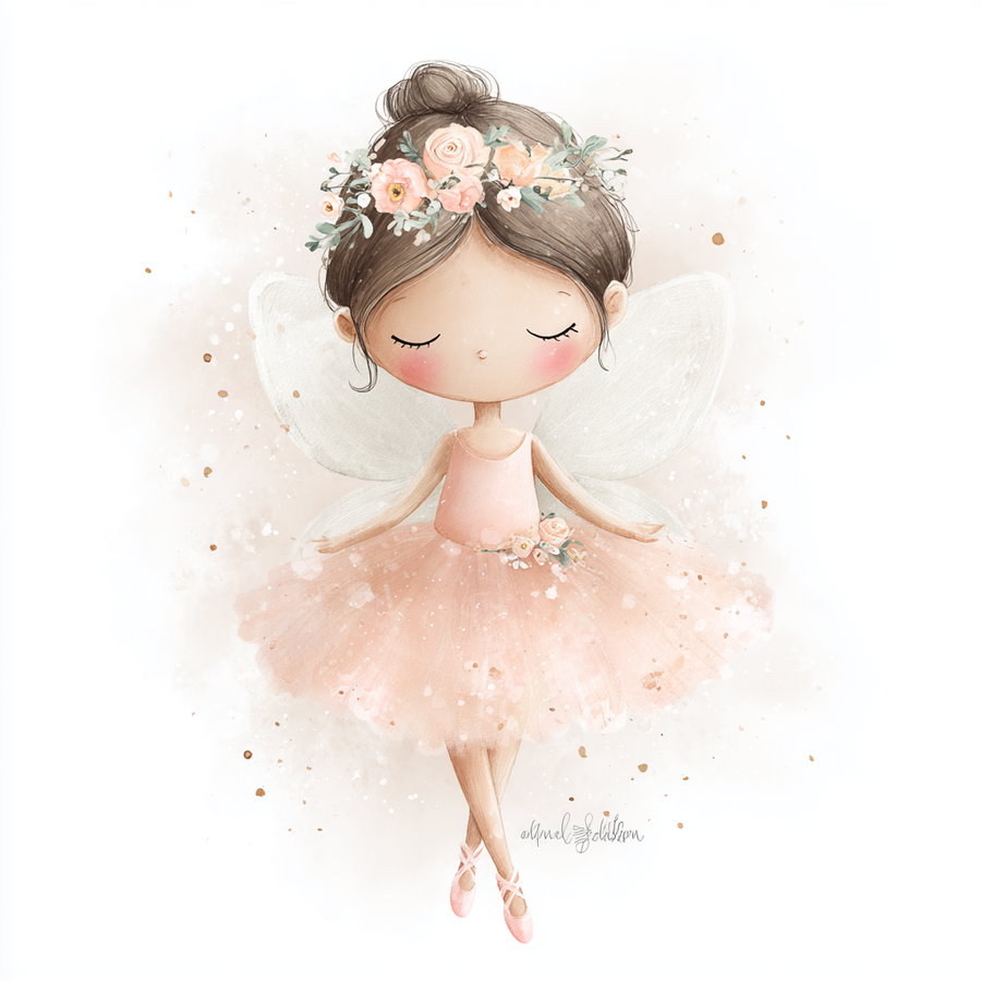 Illustration of a cute ballerina fairy with brown hair in a bun, wearing a peach tutu, floral headband, and fairy wings, with closed eyes and light blush on cheeks, on a white background