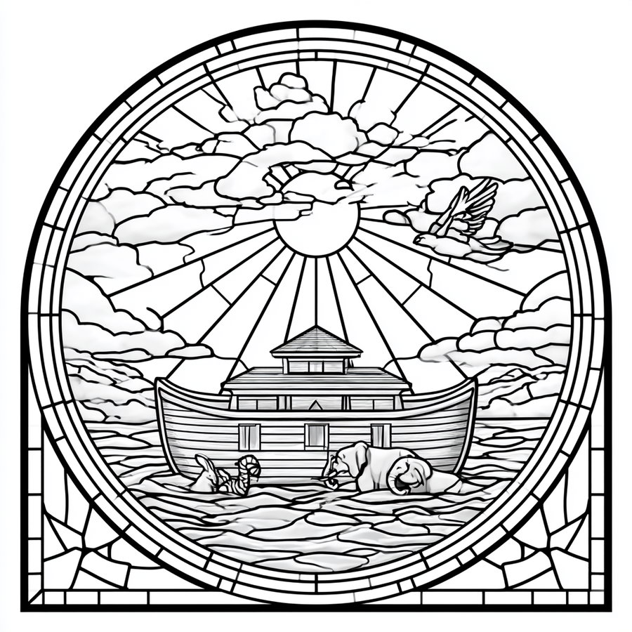 Black and white vintage stained glass illustration of Noah's Ark with animals in water, sun, clouds, and a flying bird in a circular frame