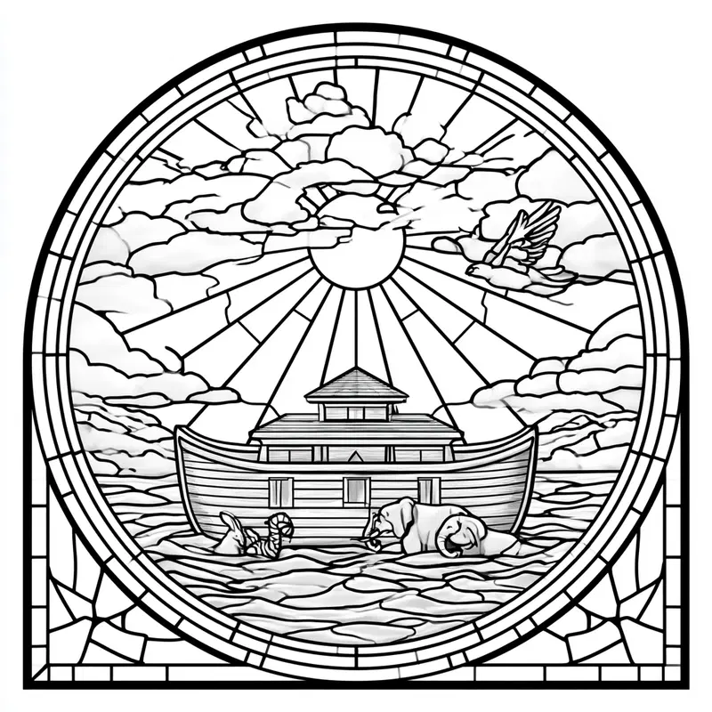 Vintage style stained glass depiction of Noah's Ark with animals and clouds