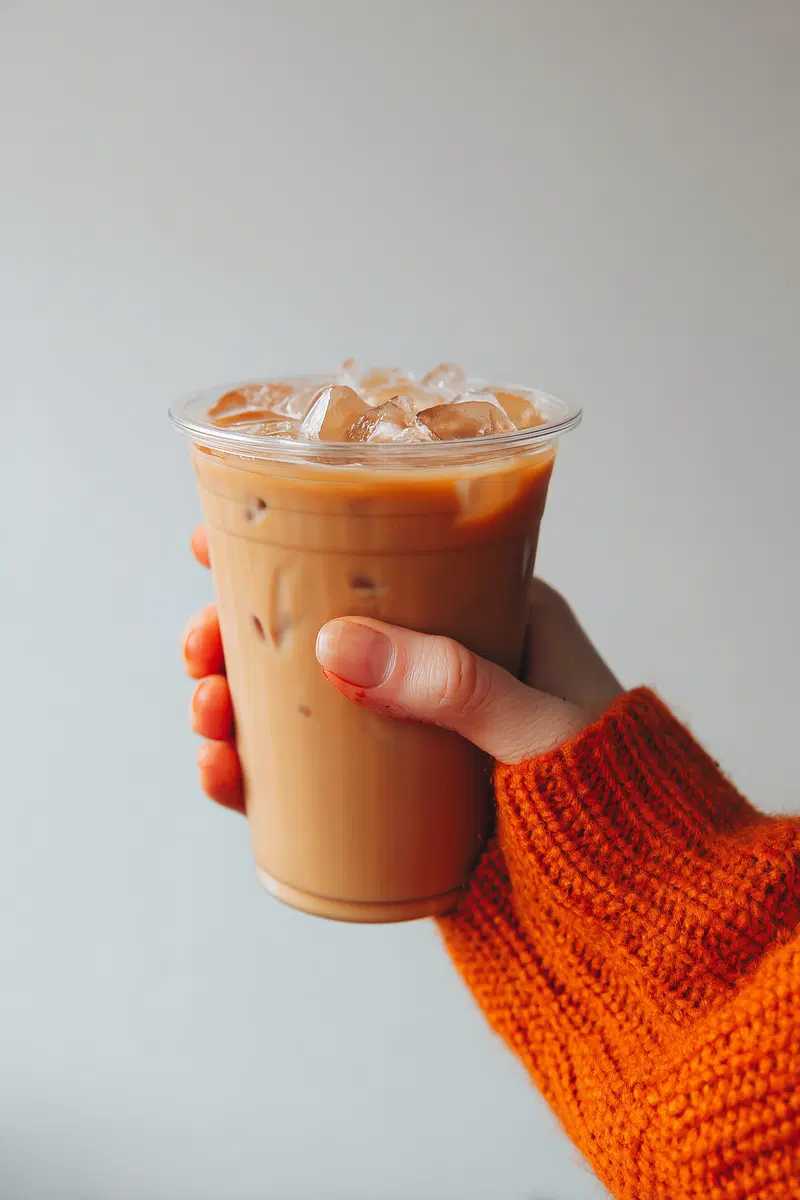 Close up of hand holding iced coffee in clear glass against neutral background