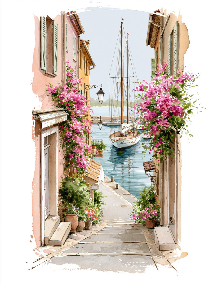 A watercolor painting showing a narrow street lined with flower pots and pink blossoms on buildings, leading down to a calm blue water harbor with a sailboat named Maison Estale.