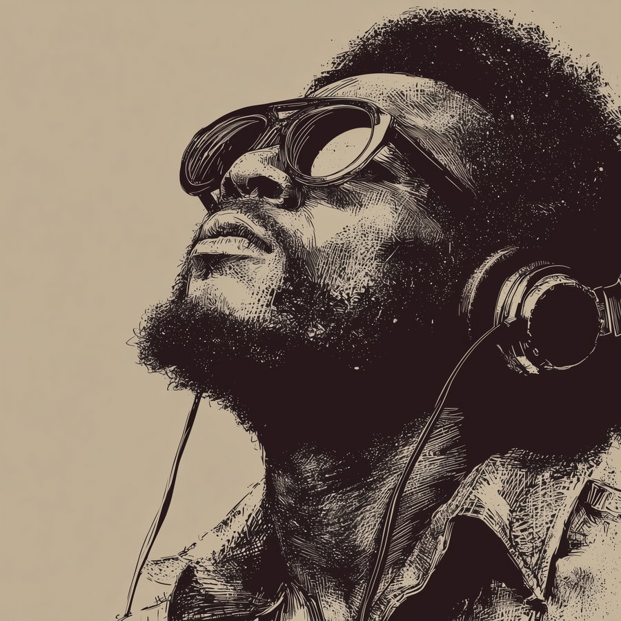 Black and beige artistic drawing of a man with an afro hairstyle, sunglasses, and wearing headphones, looking upward.