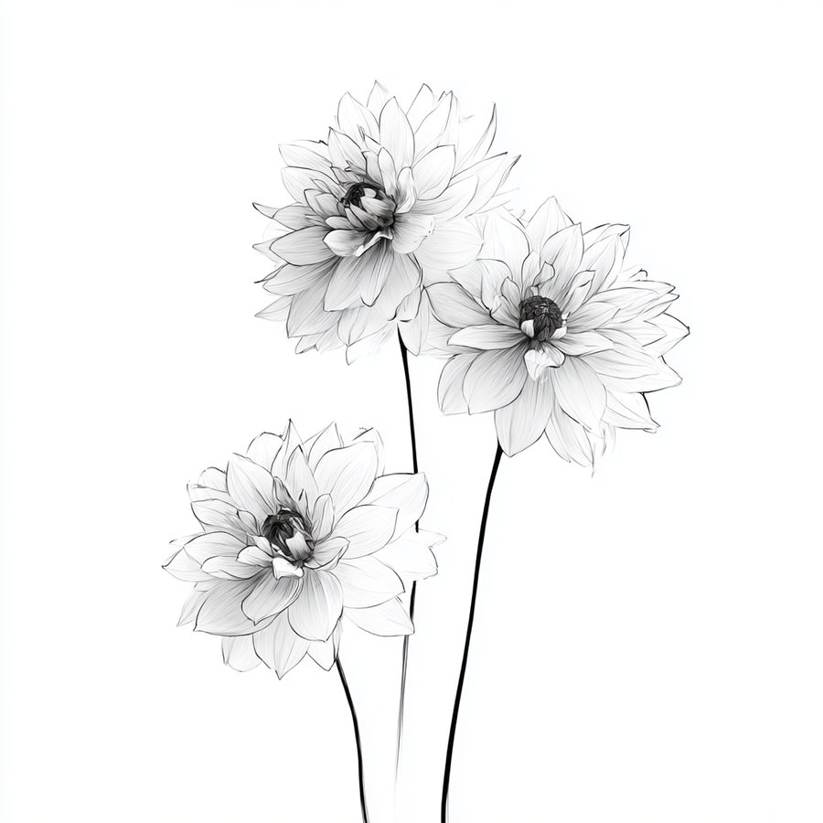 Three detailed dahlia flowers drawn in black and white with fine lines on a white background