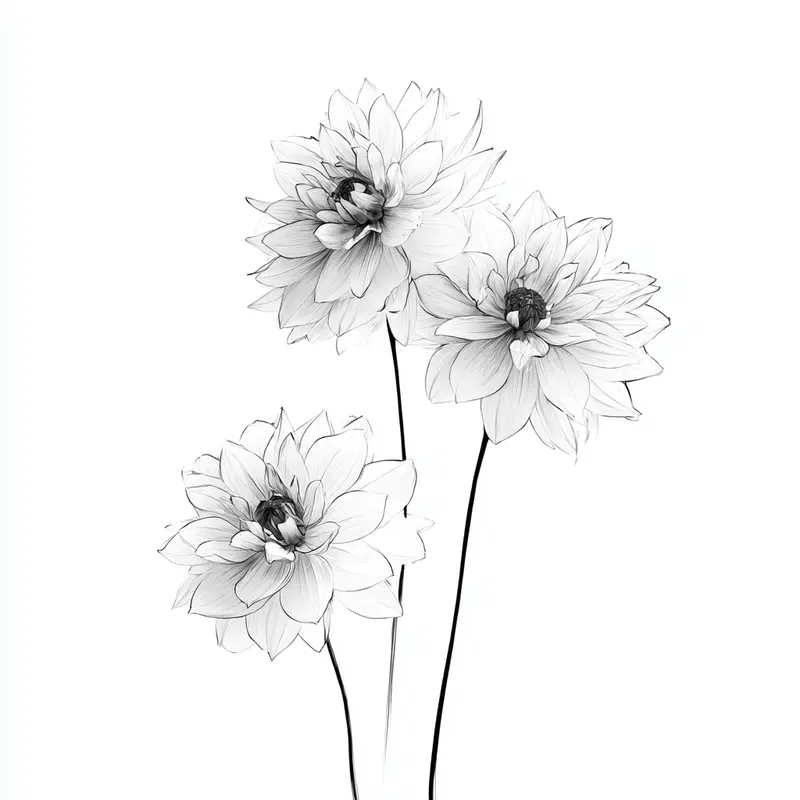 Delicate black and white floral line art featuring elegant dahlias
