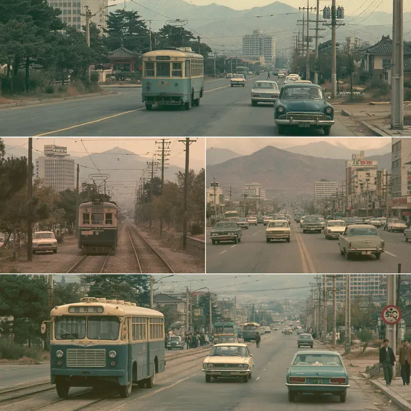 Vintage urban scenes featuring buses, cars, and mountain views in a city