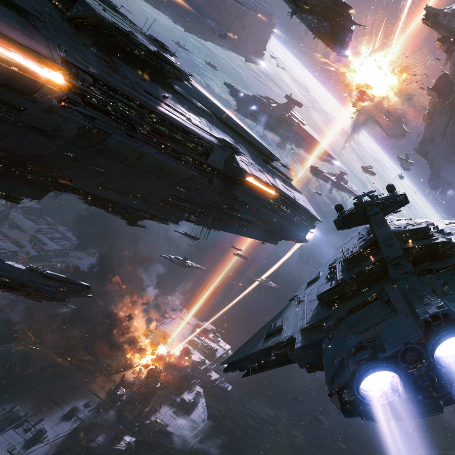 A dramatic scene of a space battle featuring large futuristic starships firing lasers at each other with explosions and a planet visible in the background