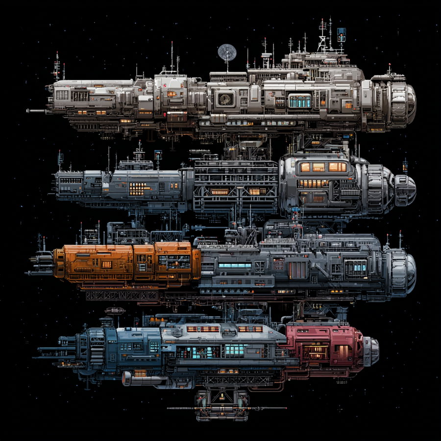Four detailed futuristic spacecrafts stacked vertically on a black starry background with lights and structural elements visible