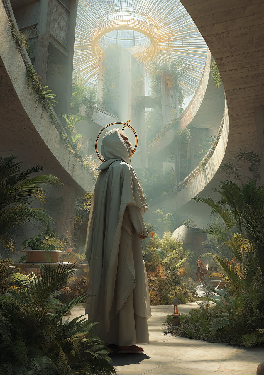 A person wearing a hooded robe with a halo-like ring stands in a multi-level architectural space filled with abundant greenery and soft light filtering through a large round skylight above.