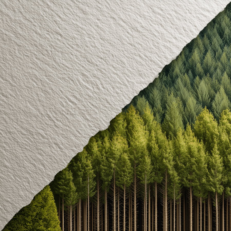 Image showing a diagonal division where the lower right part is filled with detailed green pine trees and the upper left part is textured paper without trees