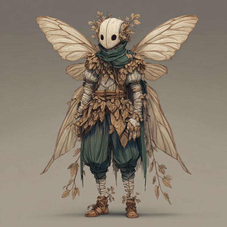 Illustration of a fantasy character wearing a wooden mask and leafy costume with large translucent fairy wings, standing against a neutral background.