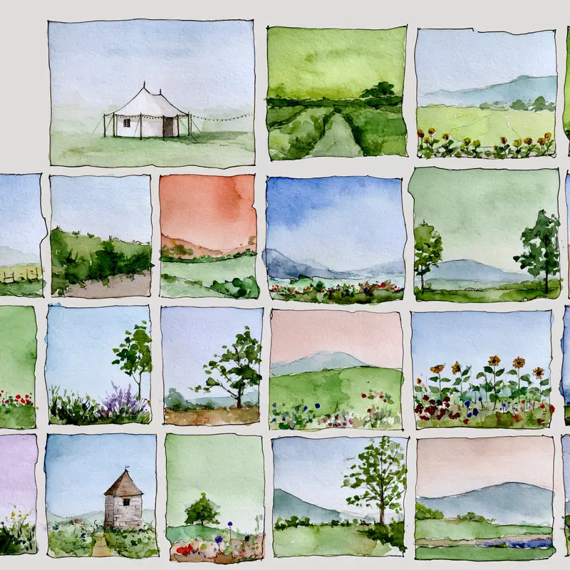 Watercolor landscape paintings arranged in a grid with nature scenes