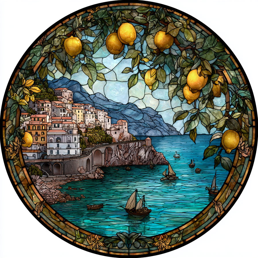 A round stained glass artwork depicting a coastal village on rocky cliffs with lemon branches in the foreground and several sailboats on blue water.