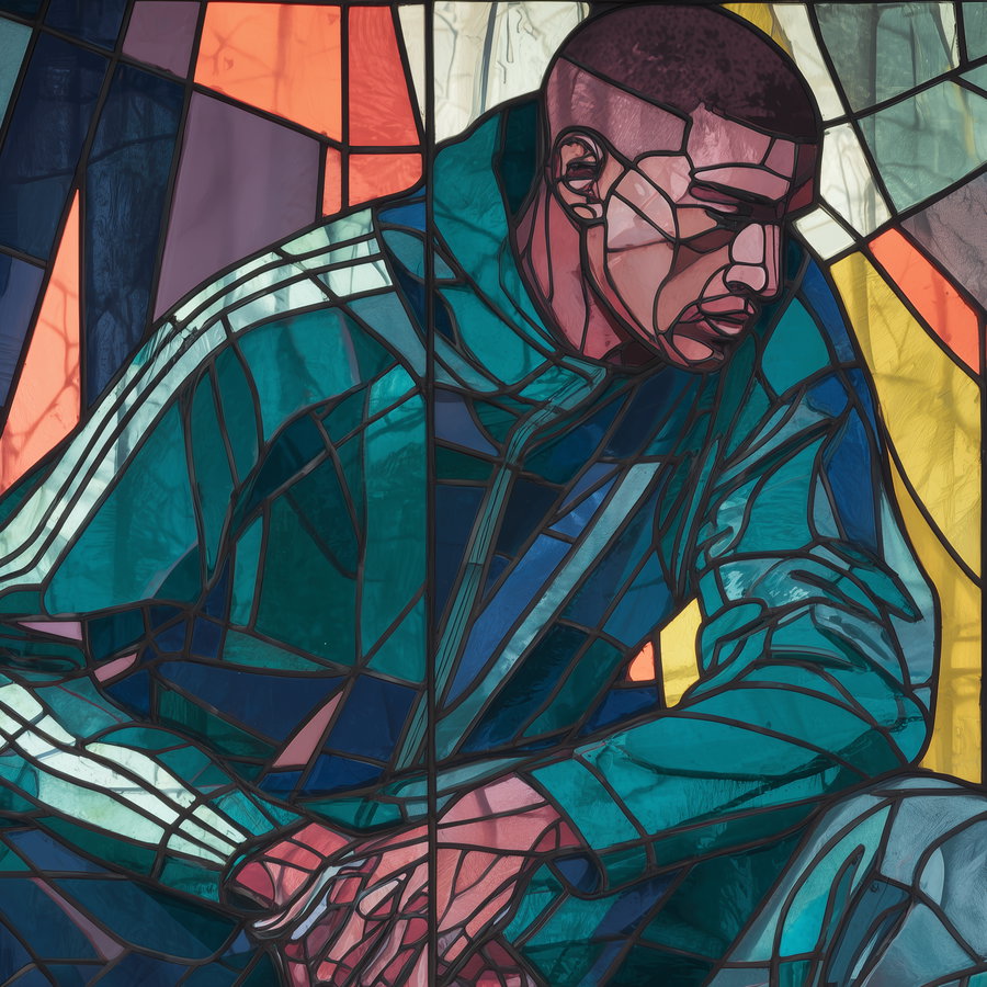 Stained glass artwork featuring a seated man with his head bowed, depicted in various shades of blue, pink, and orange glass pieces with black outlining