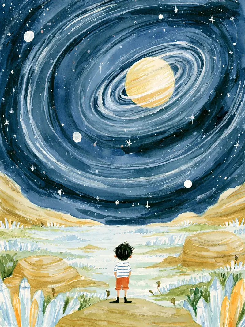 Child Gazing at a Dreamy Starry Sky with a Large Planet and Swirling Galaxy
