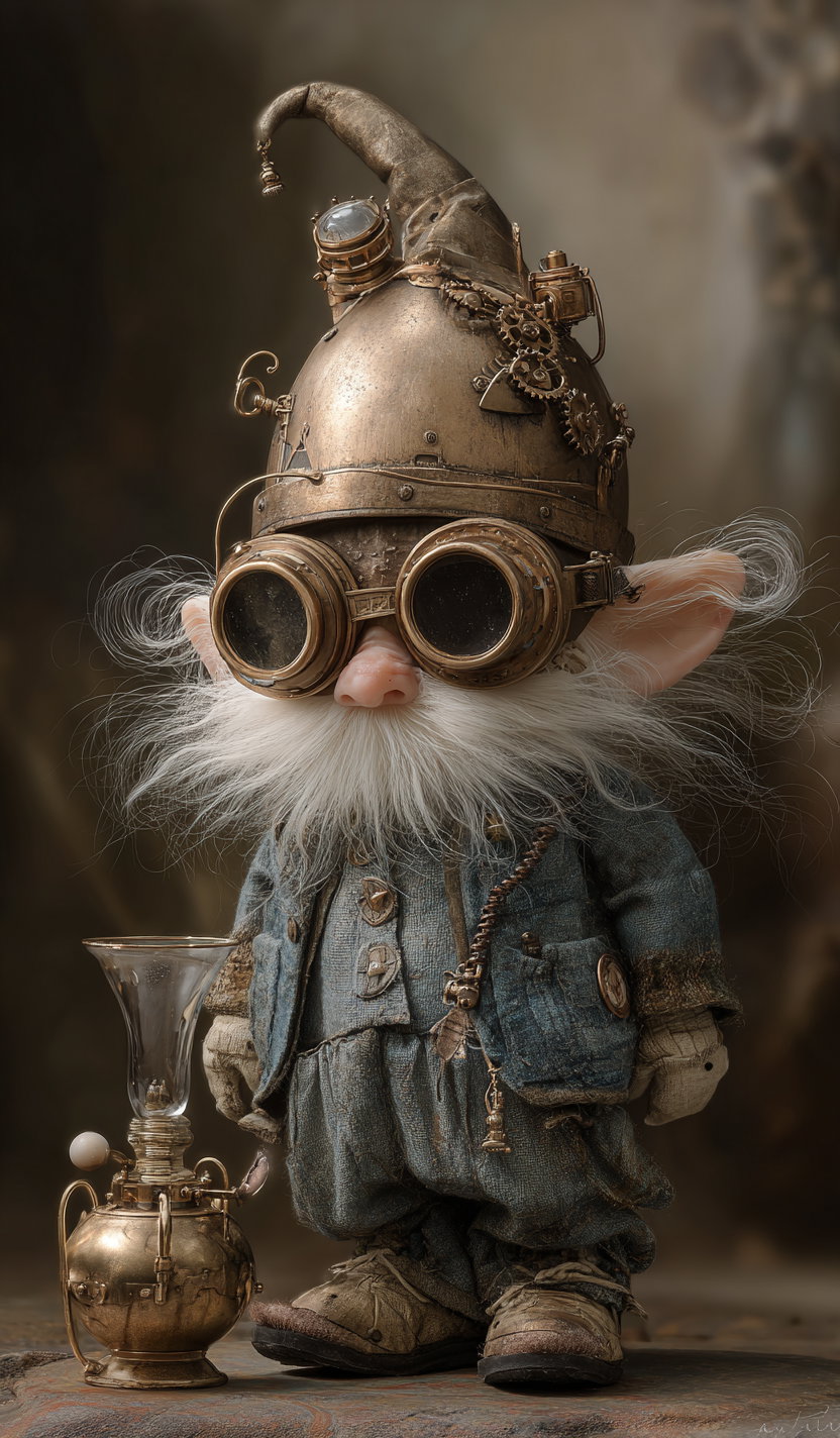 A steampunk gnome figurine wearing a brass helmet with gears and goggles, a blue worn outfit, and standing next to a brass mechanical object