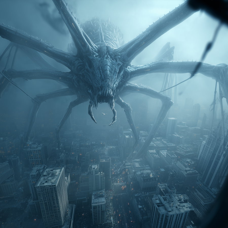 A colossal, menacing spider-like creature with spiked legs looms over a foggy cityscape filled with tall buildings under a dark, misty sky.