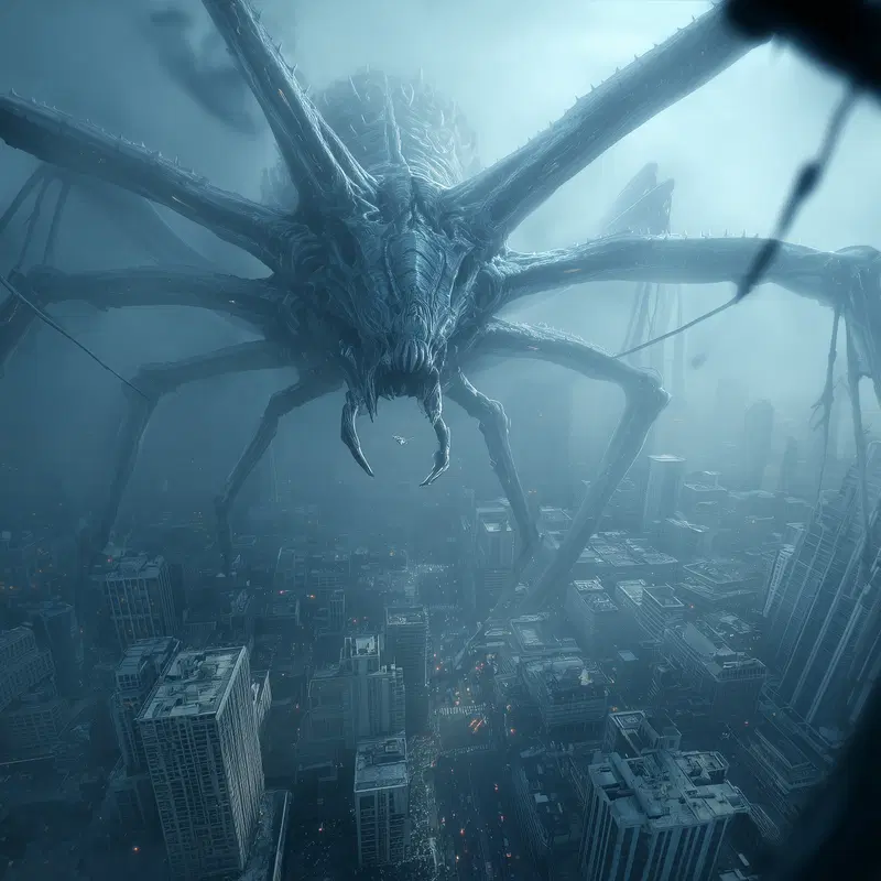 Epic fantasy artwork of a giant spider monster towering over a city