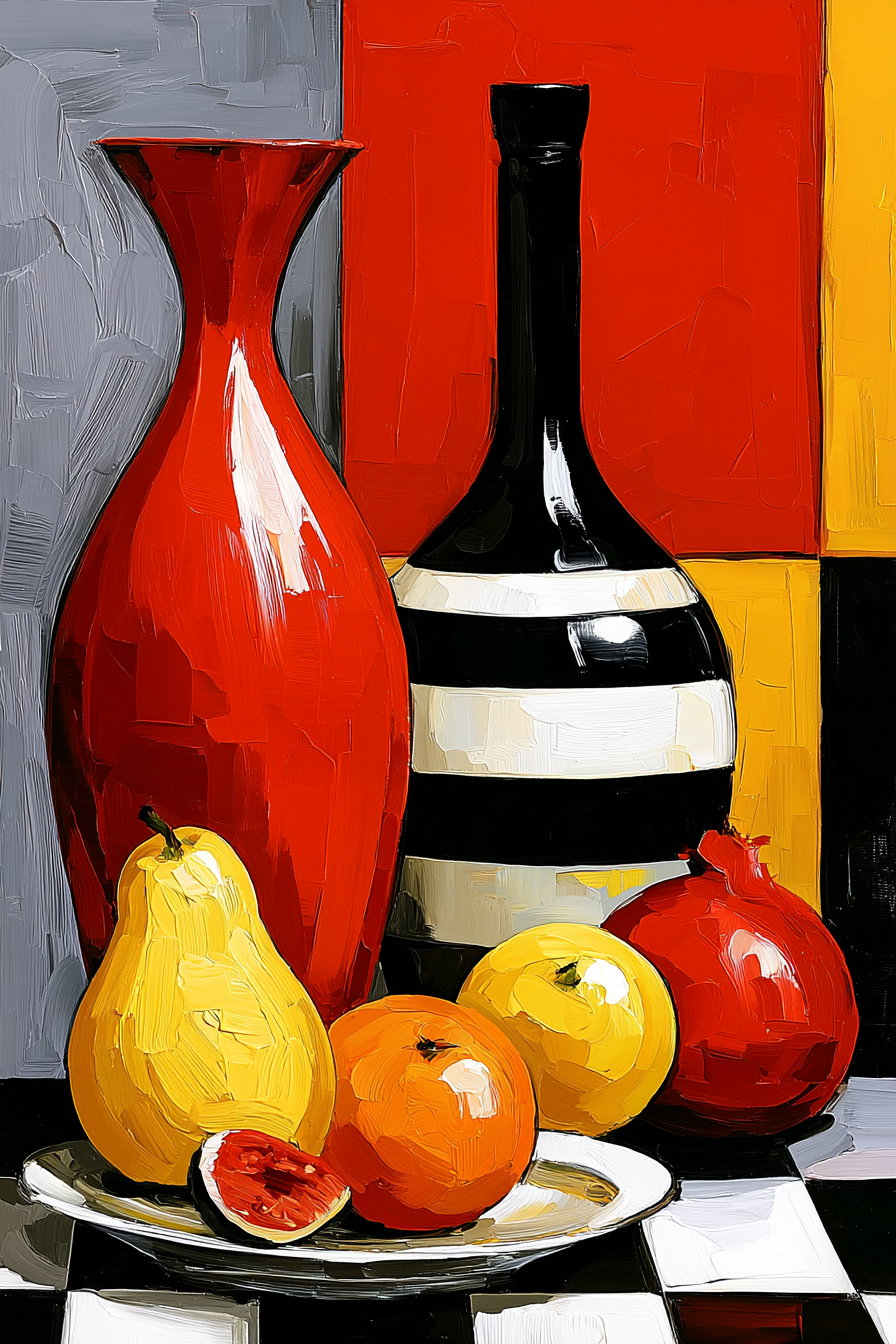 Oil painting featuring a red vase, a black-and-white striped vase, and a plate with a yellow pear, an orange, a yellow fruit, a red pomegranate, and a cut fig, set against a background of red, yellow, black, and gray blocks