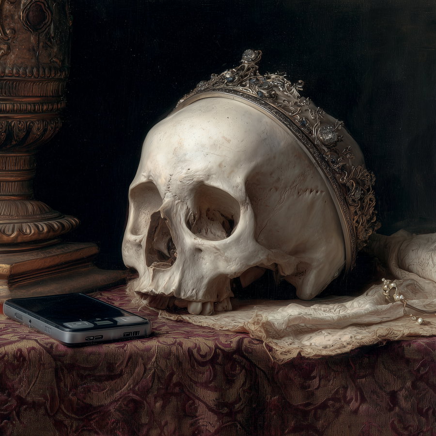 A human skull adorned with an intricate crown resting on a richly patterned fabric, next to a modern smartphone and a lace cloth, all against a dark background