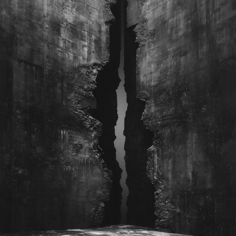 Black and white abstract photo of a narrow jagged vertical gap in rock walls