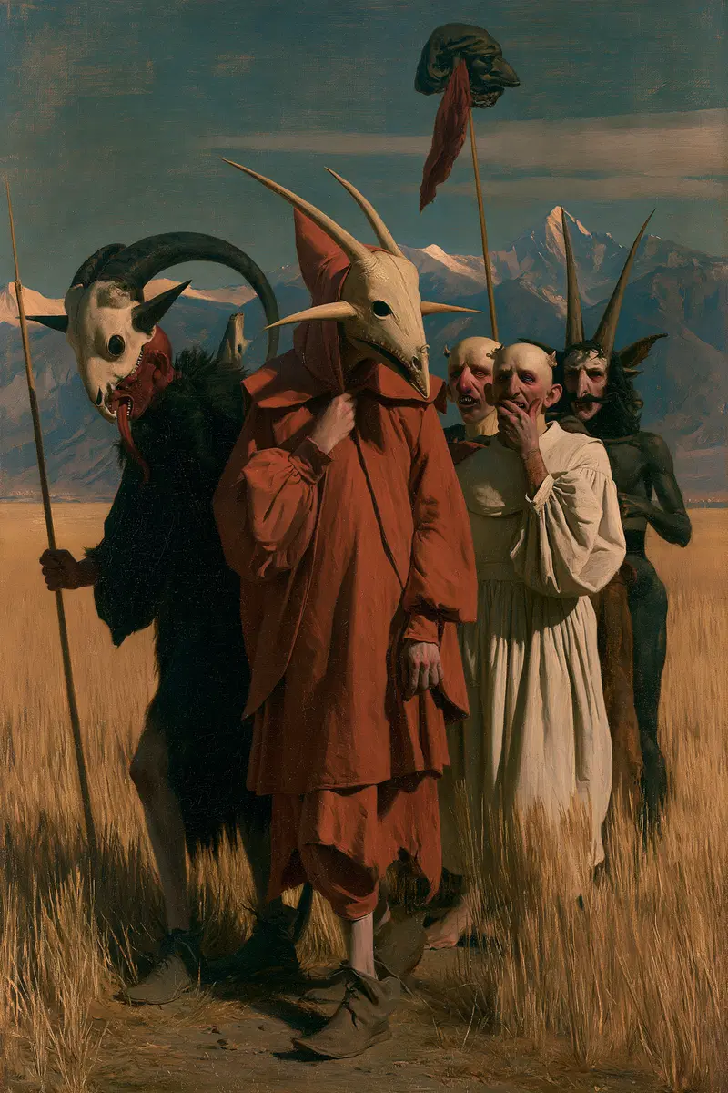 Classic painting featuring mysterious figures in horned masks in a mountainous landscape