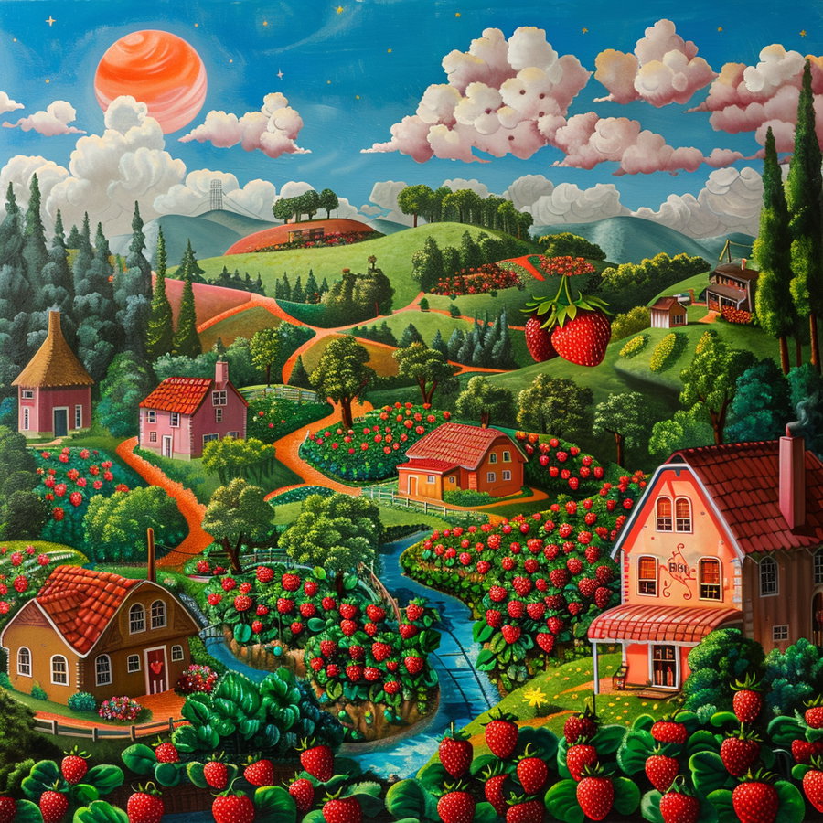 A vibrant, surreal painting depicting a landscape with strawberries growing as large berries on hills and bushes, colorful houses with red roofs, a winding river, green hills, tall trees, fluffy clouds, and a large red planet in a bright blue sky.