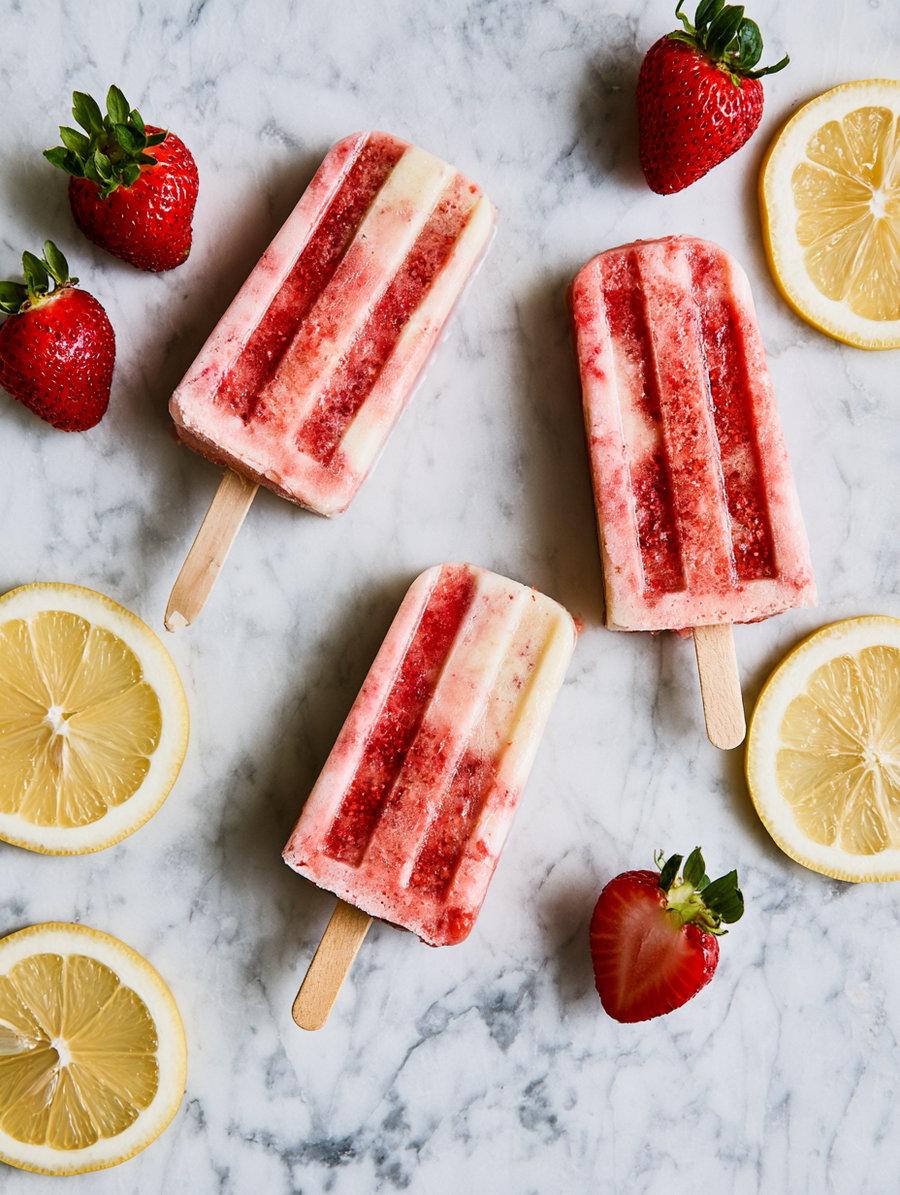 Three strawberry and lemon popsicles arranged on a marble surface with fresh whole and halved strawberries and lemon slices scattered around