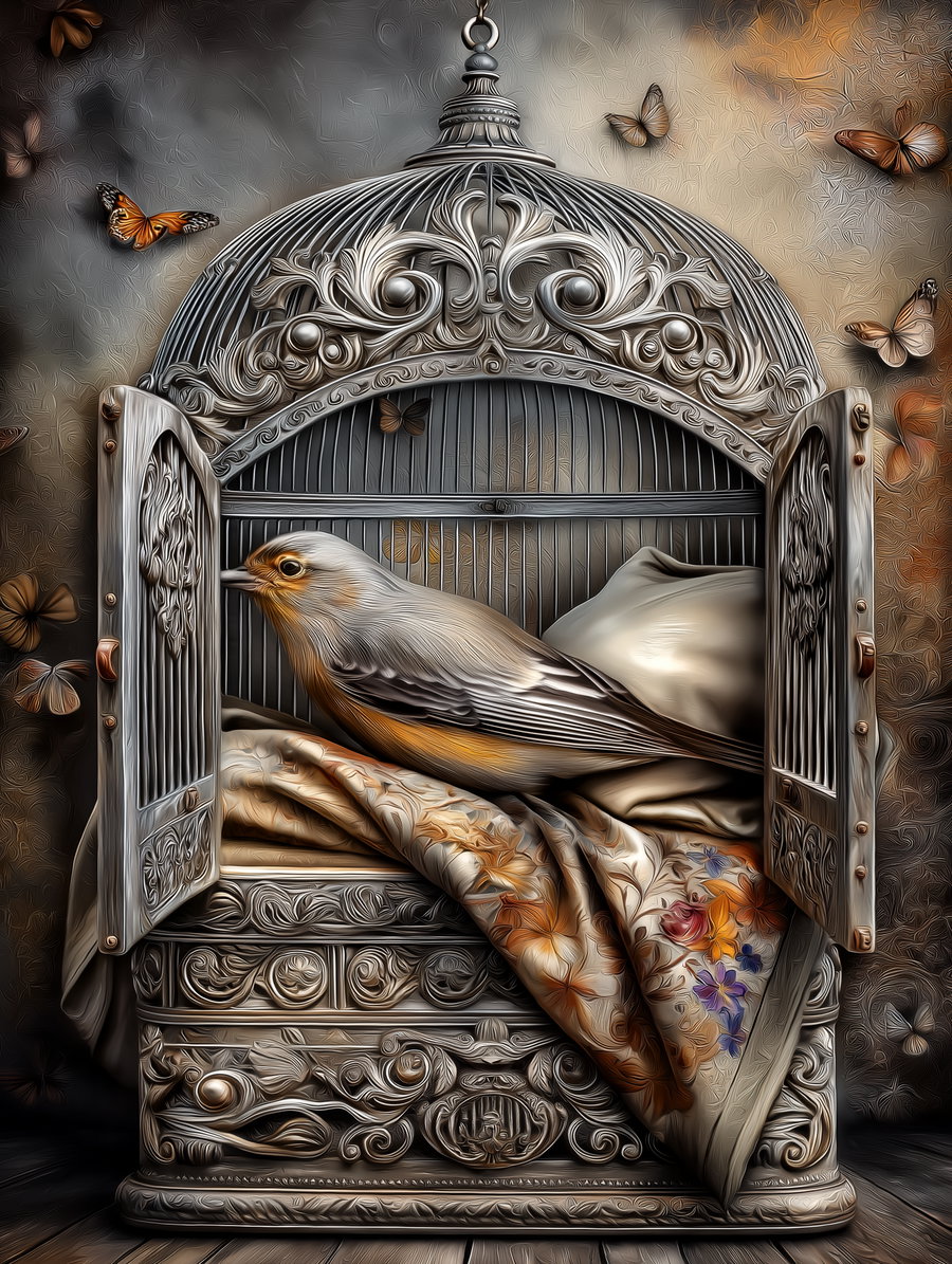 Bird resting inside an intricately designed birdcage surrounded by flying butterflies and detailed fabric