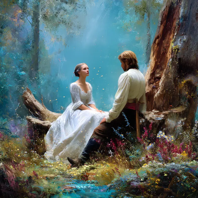 Romantic scene of a couple sitting together in a vibrant forest landscape