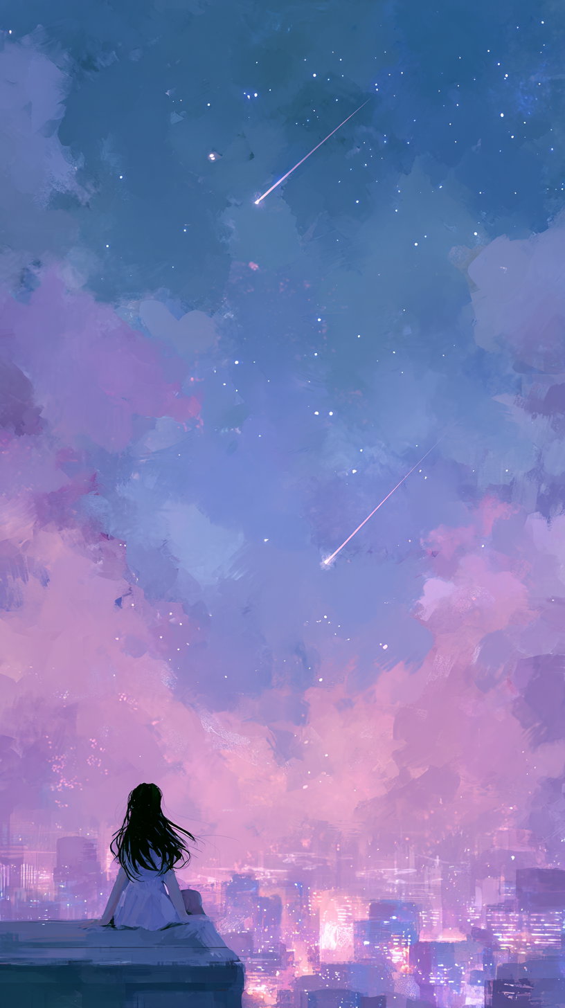 a digital painting of a girl with long dark hair sitting on a rooftop, gazing at a night sky filled with stars and two shooting stars above a cityscape with purple and pink clouds
